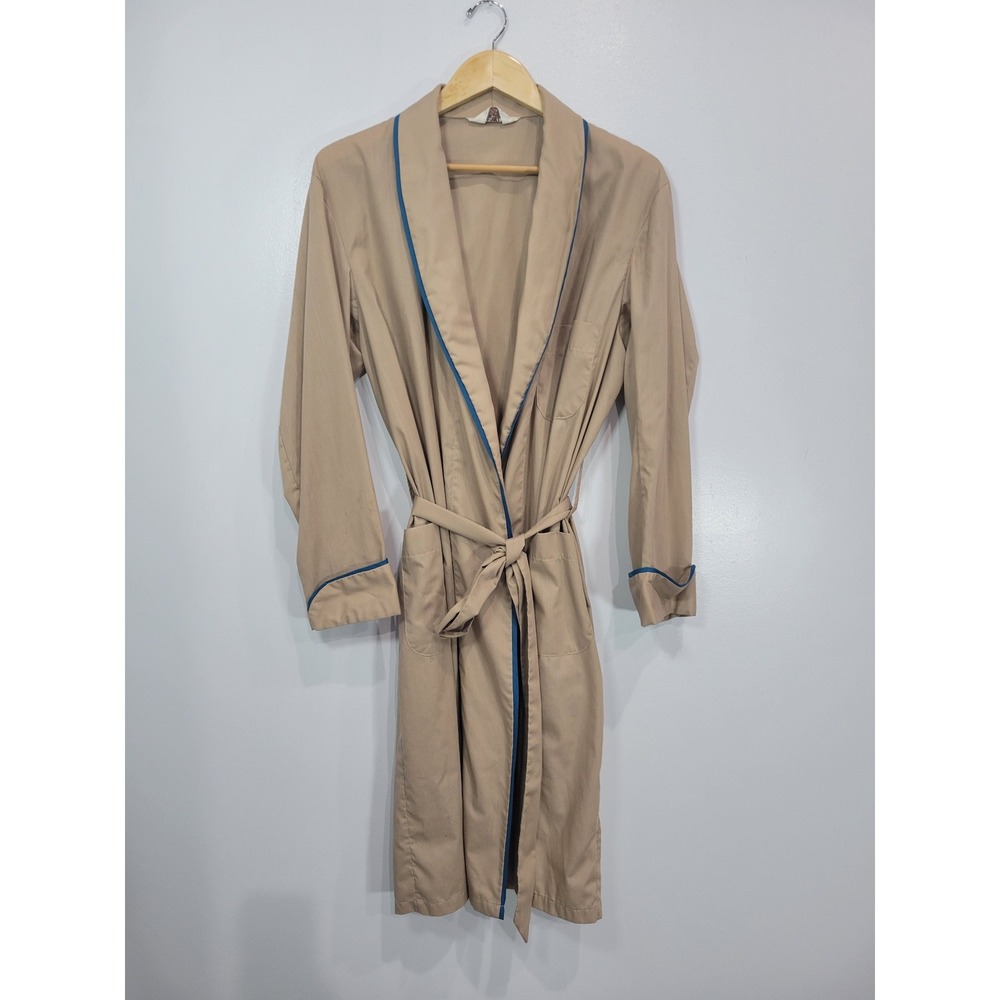 Vintage Montgomery‎ Ward Mens Tan Robe Medium Classic Blue Trim Lounge Sleepwear
